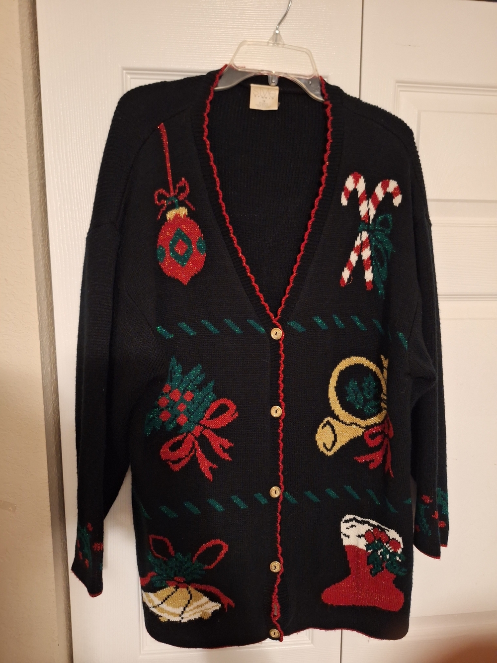 Vintage Studio Black Holiday Cardigan with Red, Green and Gold Embroidery